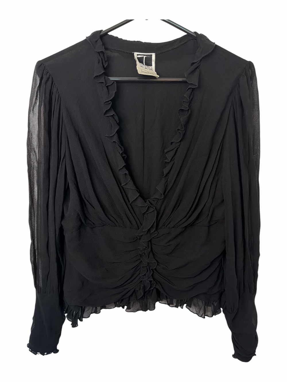 Tadashi Shoji Black Ruffle-Trim V-Neck Silk Sheer Blouse